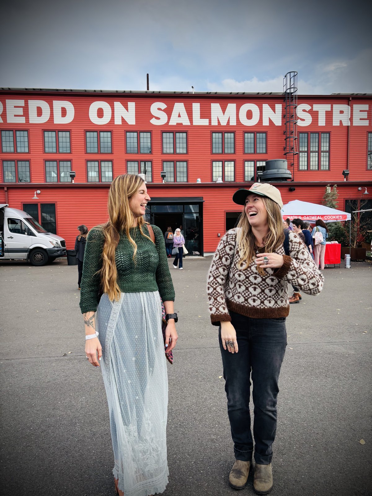 Brienne laughing with Megan of Two Rivers Knitting in Portland