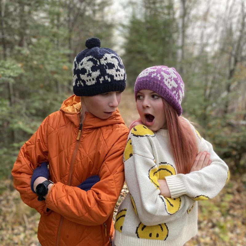 Two Skull and Stormy Hats, in navy and purple